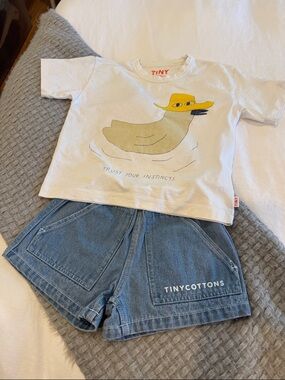 Tinycottons Kids Matching Set - White Duck Tee & Blue Denim Shorts
